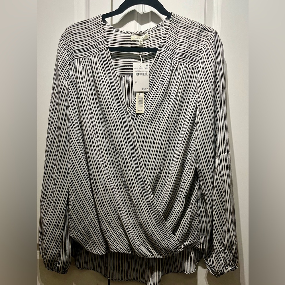 Max Studio ivory & black striped blouse.